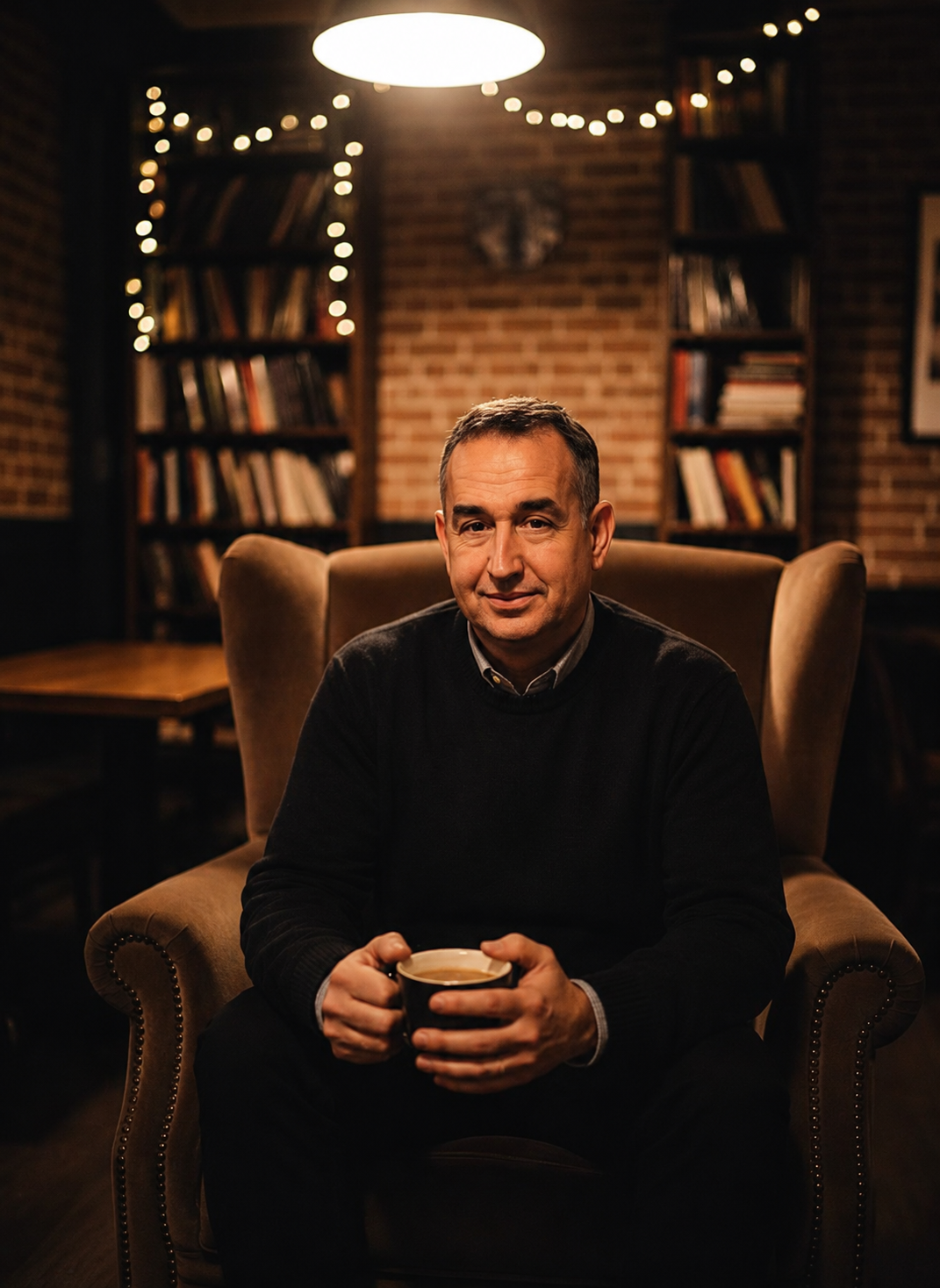 Mike Hernandez in a warm library and workspace setting