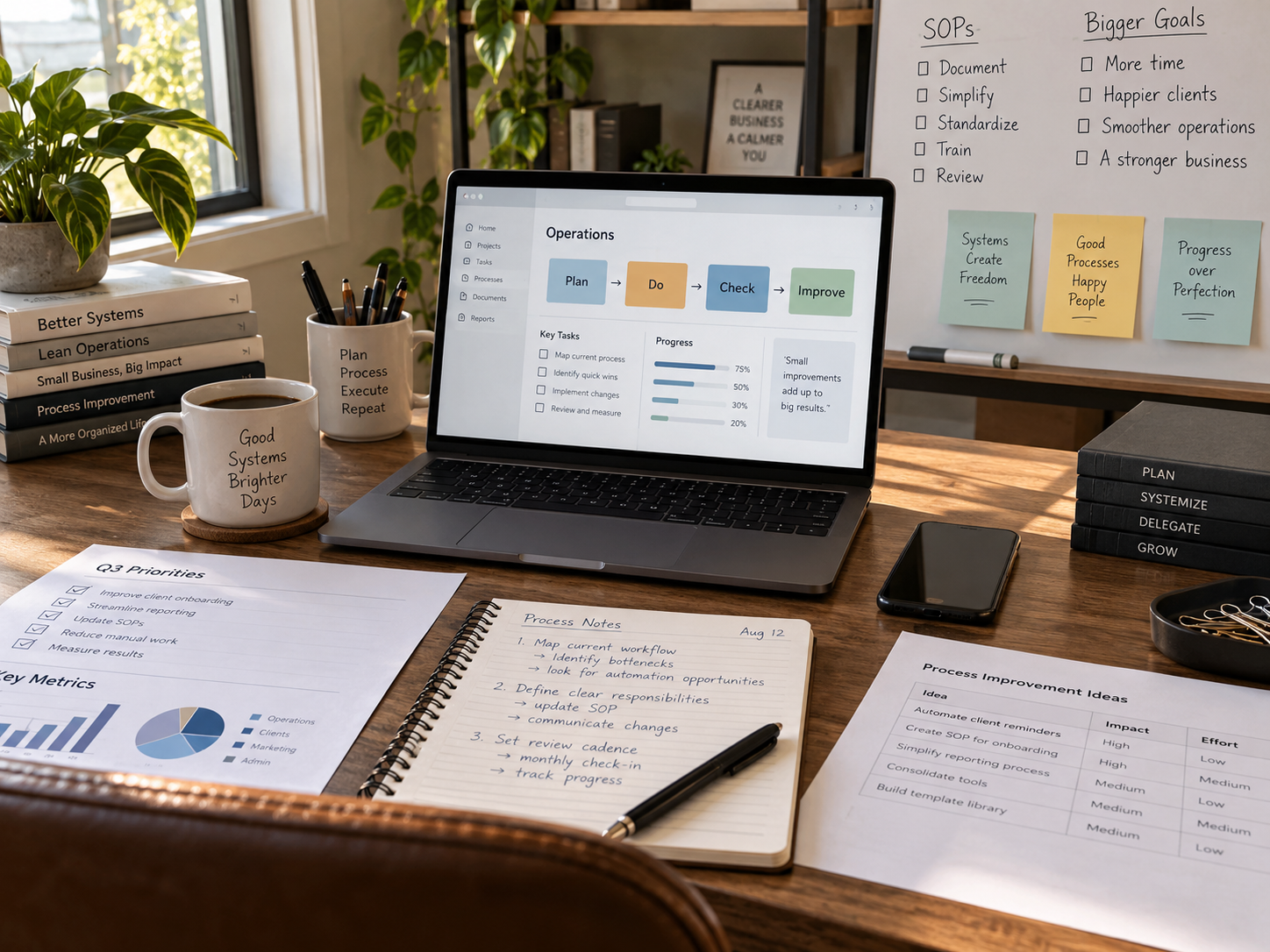 Business systems workspace with dashboards, laptop, and planning materials