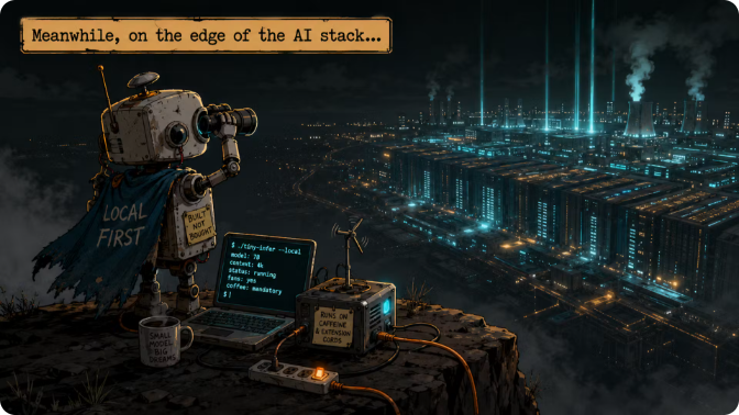 Resonant Fringe illustration showing a local-first AI observer overlooking large-scale AI infrastructure