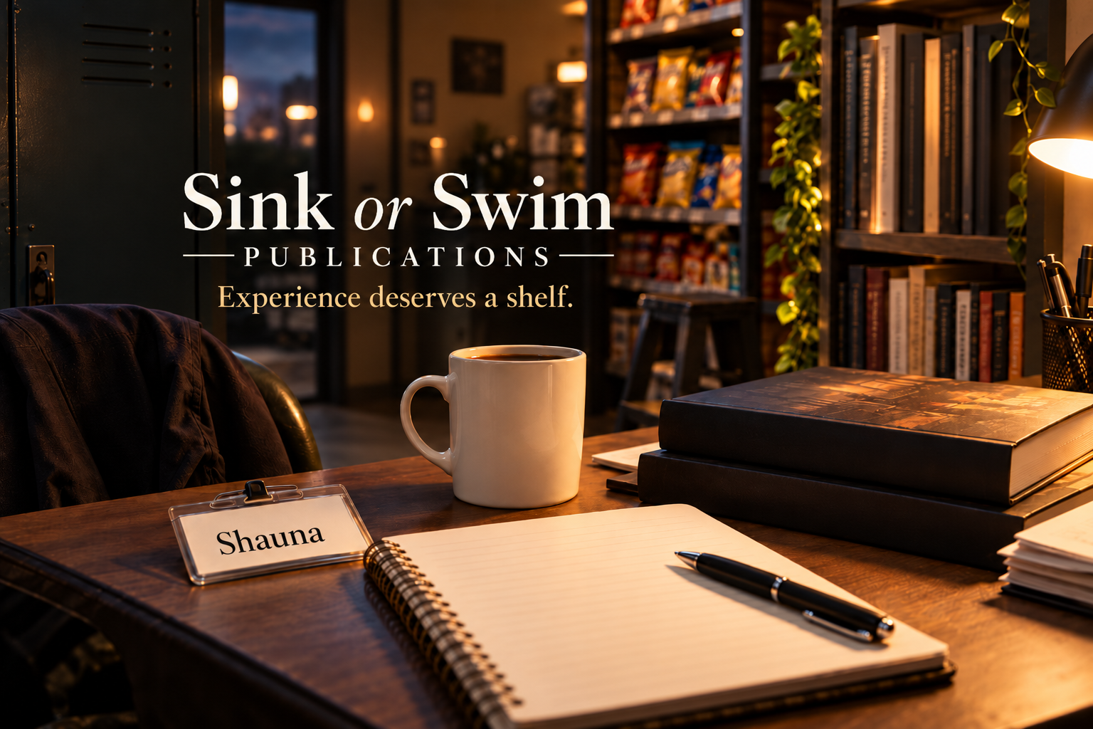 Sink or Swim Publications workspace image with the tagline Experience deserves a shelf
